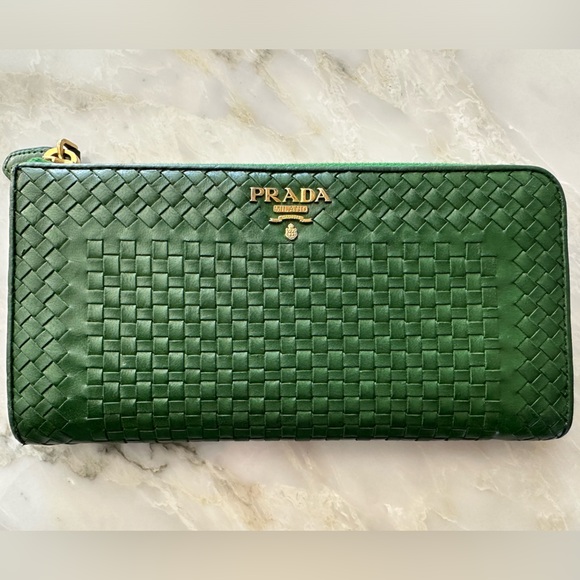 Prada Handbags - Prada braided half zip wallet green